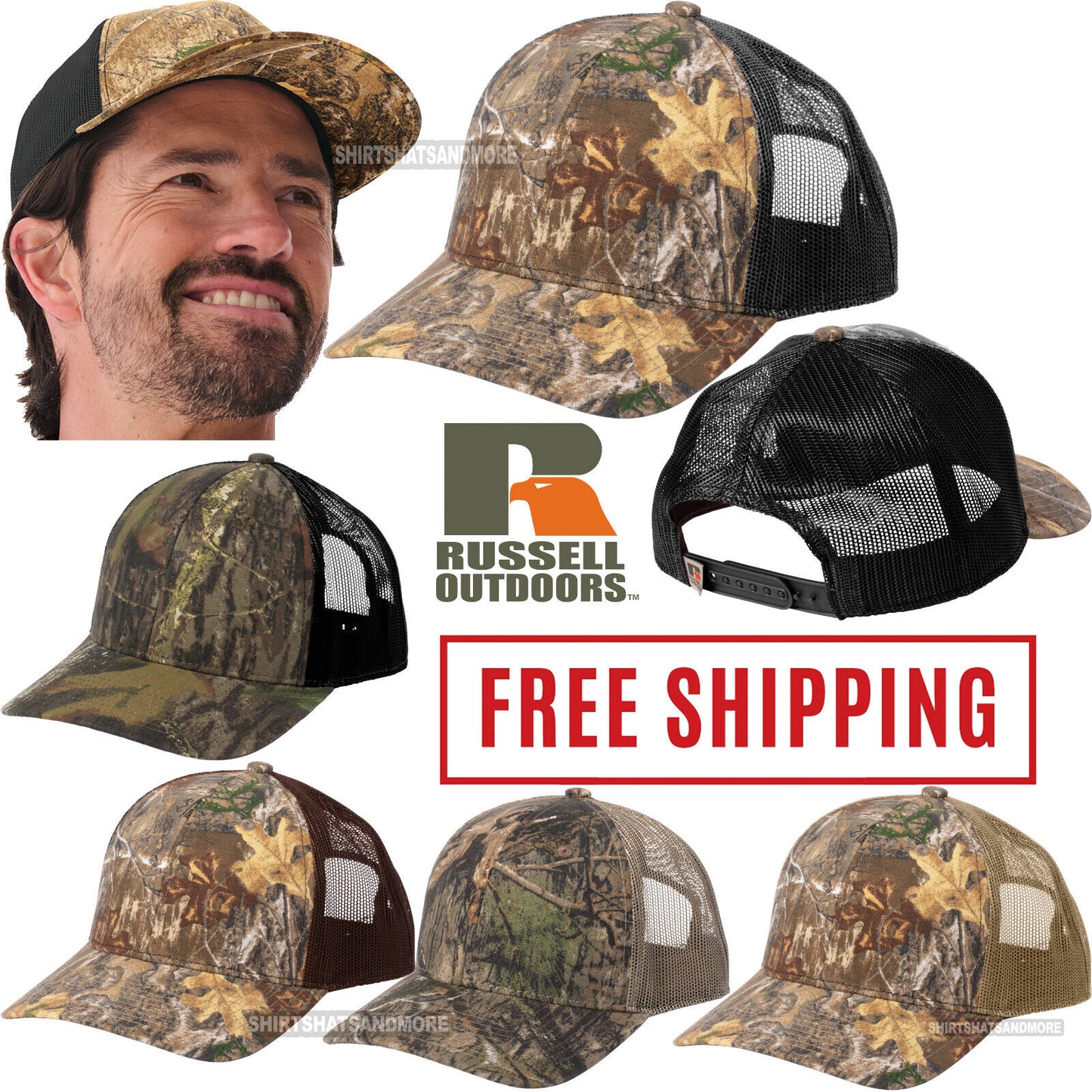 Russell Camo Snapback Trucker Cap Meshback MidProfile Hat Mossy Edge Realtree