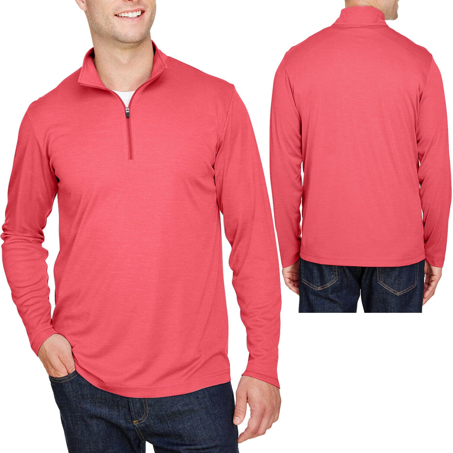 Mens Heather Long Sleeve QuarterZip Moisture Wicking UV Sun Protect Pullover Top