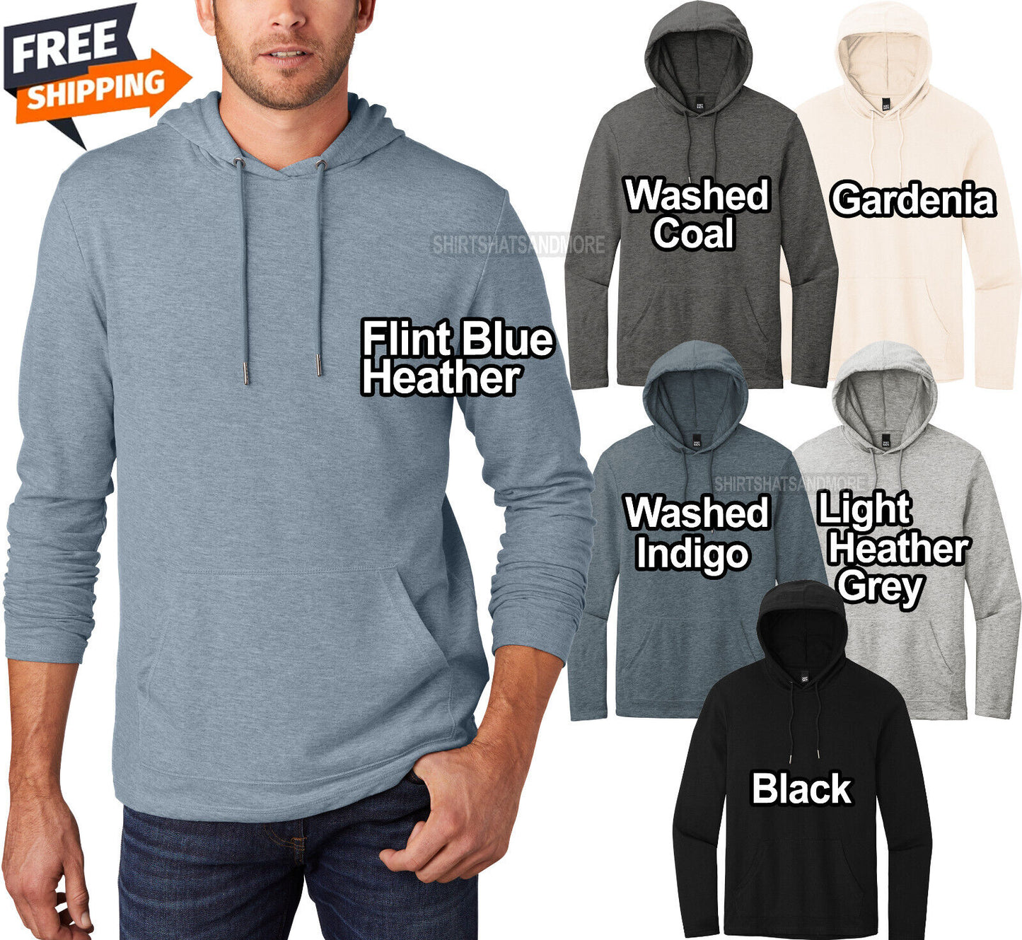 Mens Lightweight Soft French Terry Hoodie T-Shirt Long Sleeve Hoody Tee XS-4X