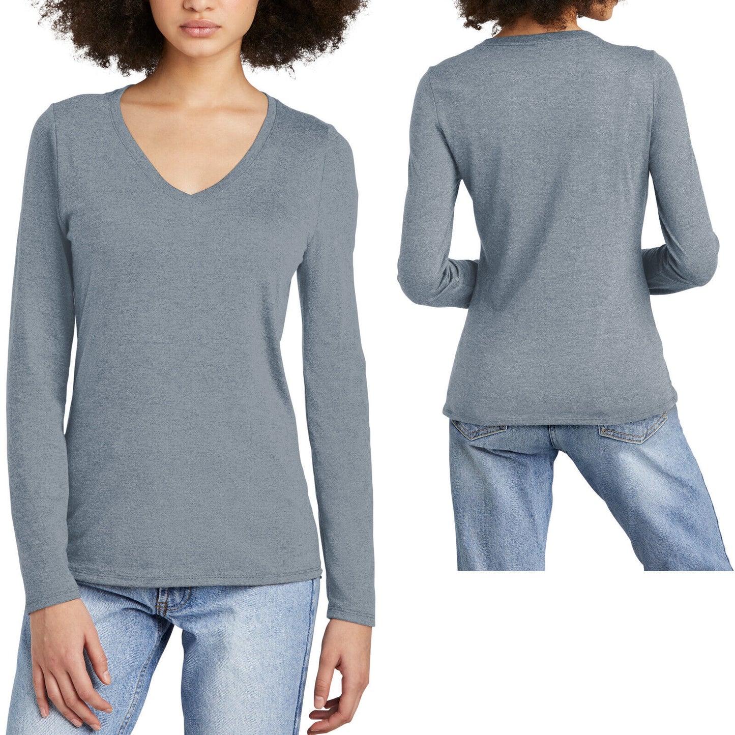 Womens Tri Blend Long Sleeve Layering V-Neck Tee Soft Blended T-Shirt XS-4XL NEW