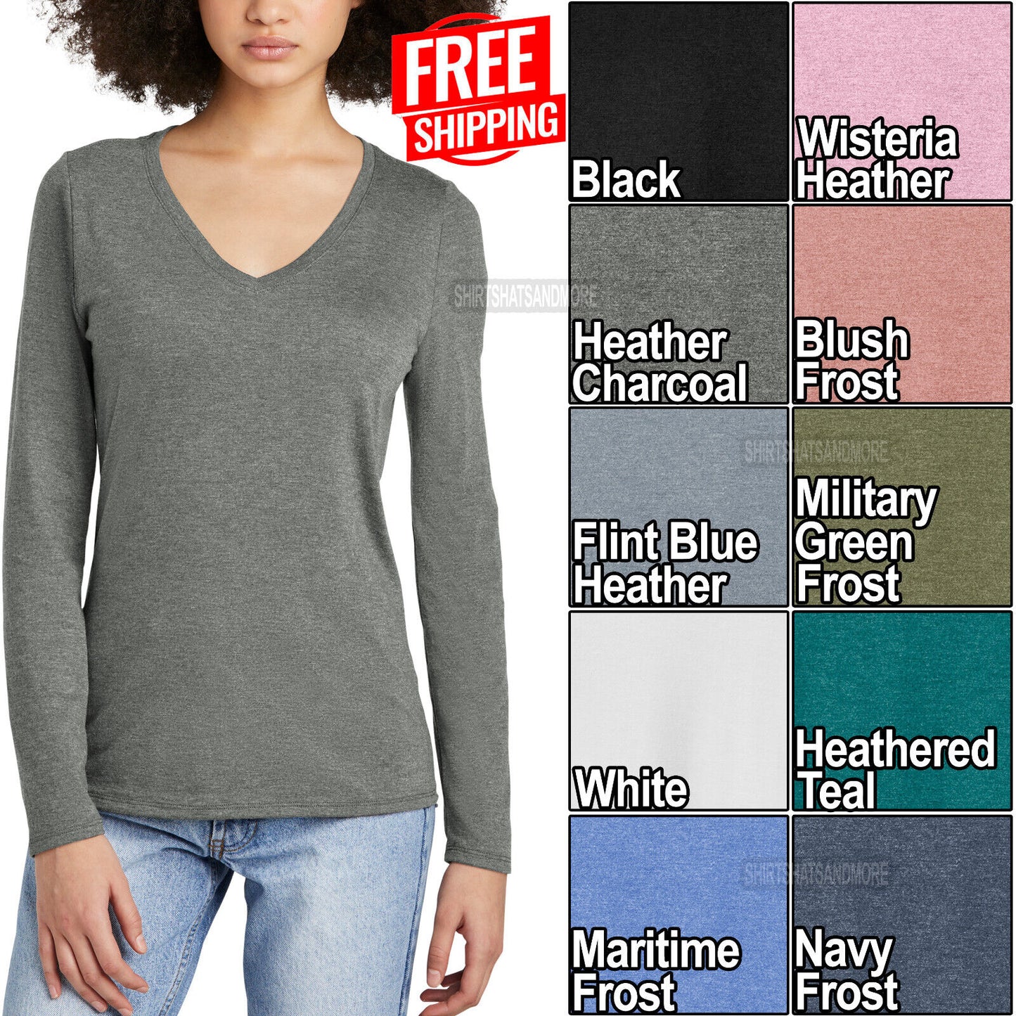 Womens Tri Blend Long Sleeve Layering V-Neck Tee Soft Blended T-Shirt XS-4XL NEW