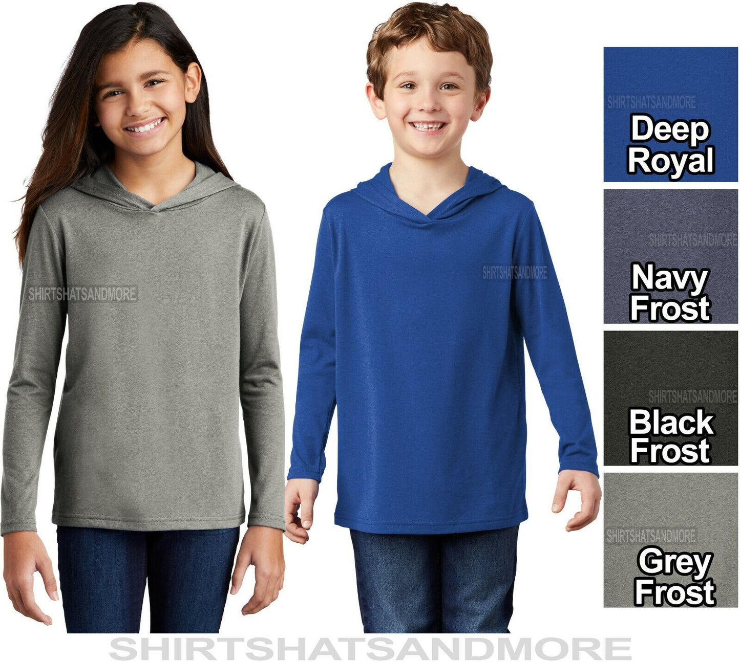 Youth Long Sleeve Hoodie T-Shirt Soft Tri Blend Fabric Boys Girls Kids XS-XL NEW