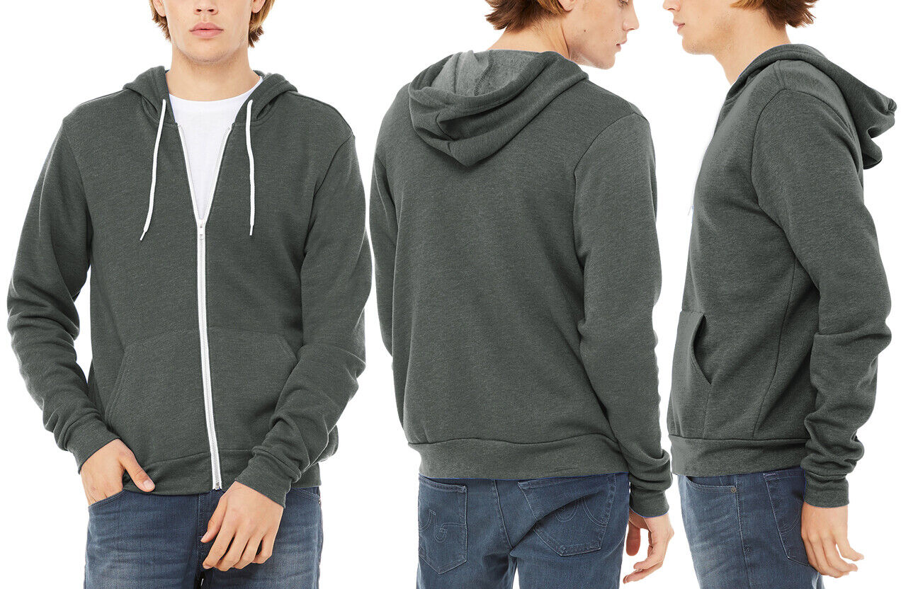 Mens Heather Sponge Fleece Full Zip Hoodie Soft Blended Hooded Sweater XS-3XL