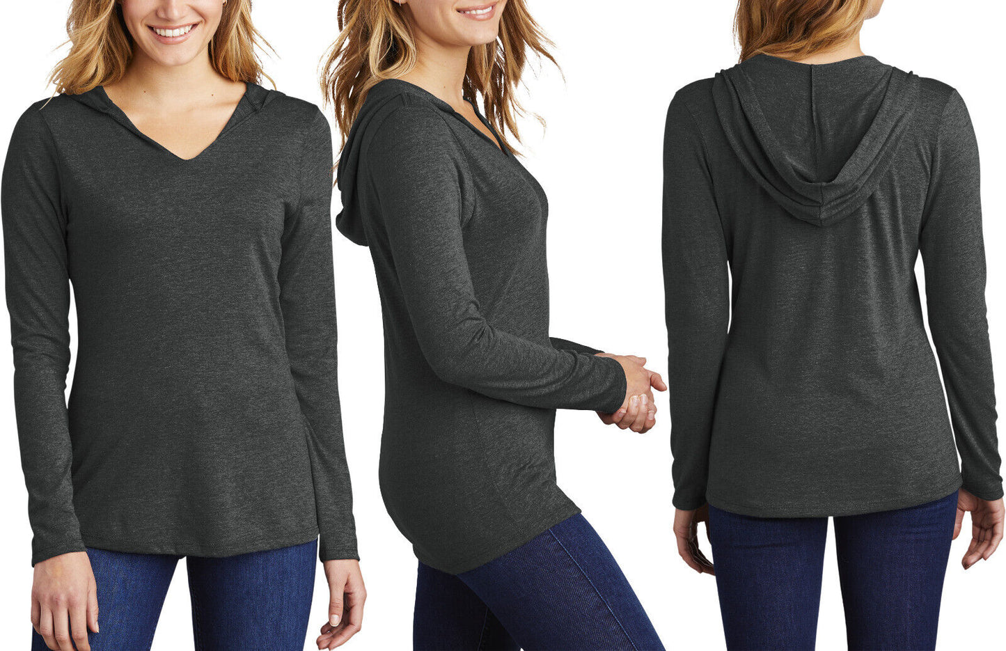 Ladies Long Sleeve Hooded T-Shirt Lightweight Tri Blend Womens Hoodie Tee XS-4XL