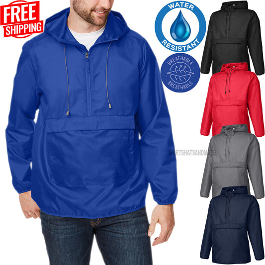 Mens Weather Fighting Packable Hooded Anorak Wind Jacket Pullover Water Resist