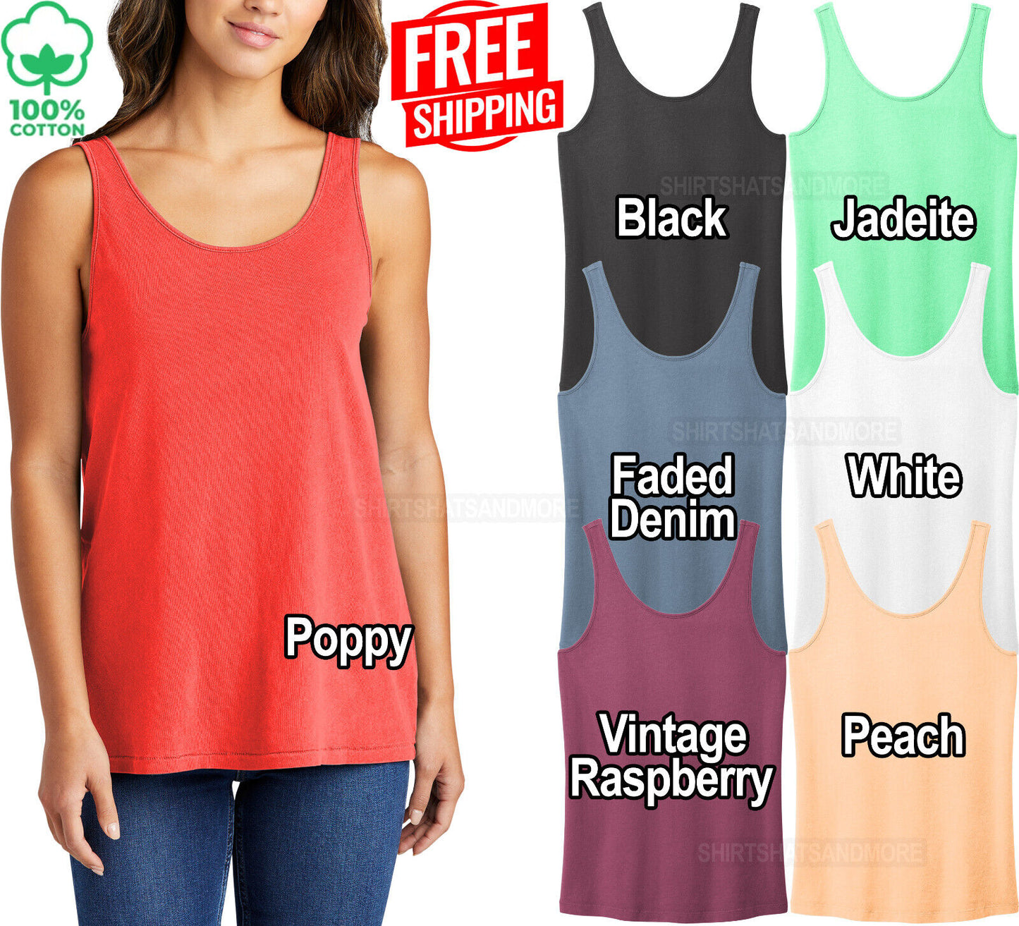 Womens Garment BeachWash 100% Cotton Tank Top Dyed Vintage Look Sleeveless S-4XL