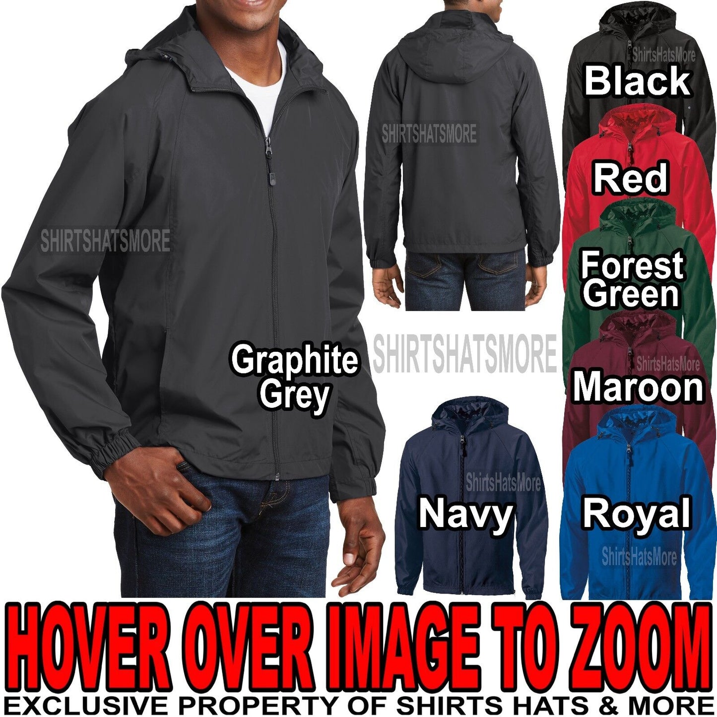 Mens Hooded Zip Front Jacket Pockets Windbreaker Water Resistant XS-XL 2X 3X 4X