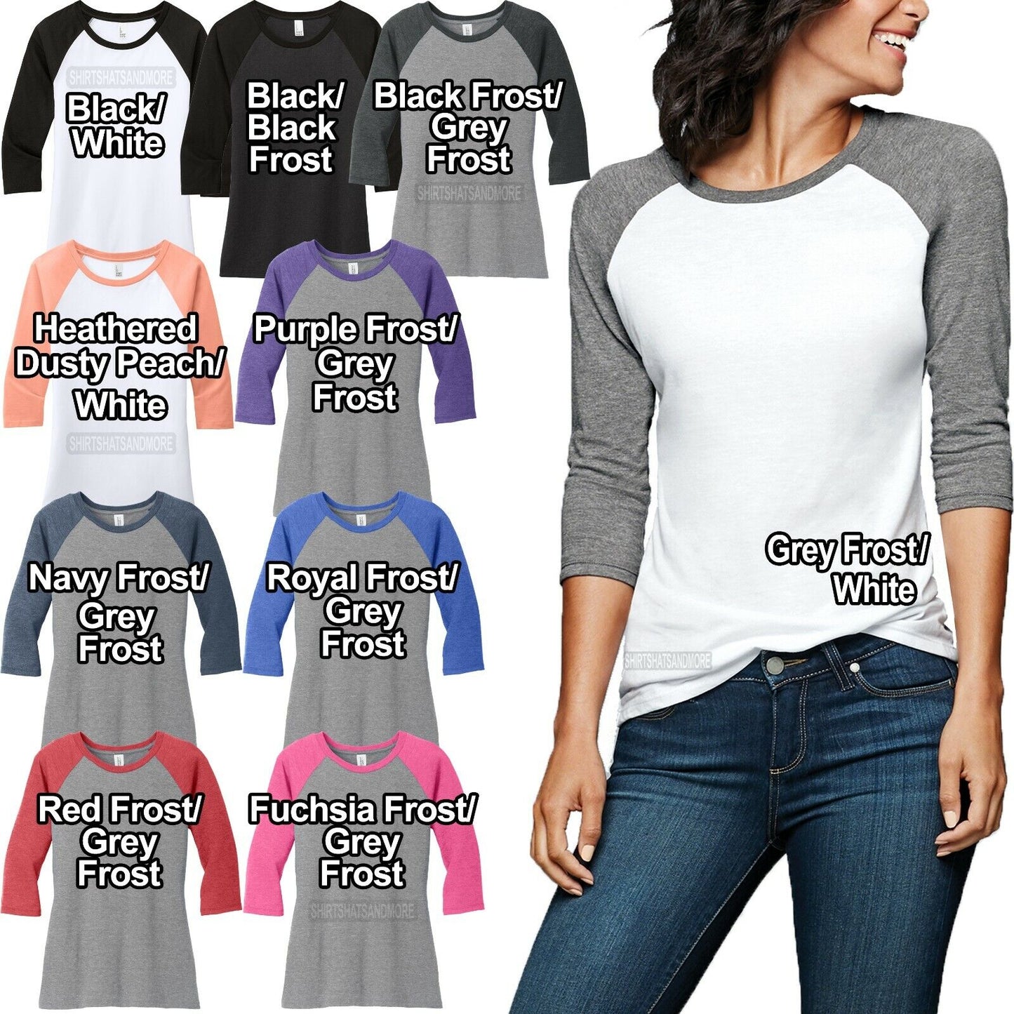 Ladies 3/4 Sleeve T-Shirt Raglan Tri Blend Tee Womens XS-XL 2XL, 3XL, 4XL NEW