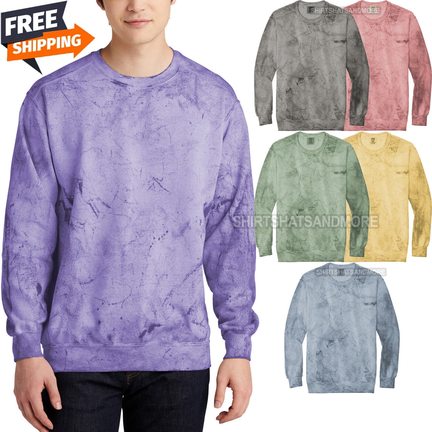 Mens Pigment Dyed Color Blasted Crewneck Sweatshirt Blended Pullover S-3XL NEW!