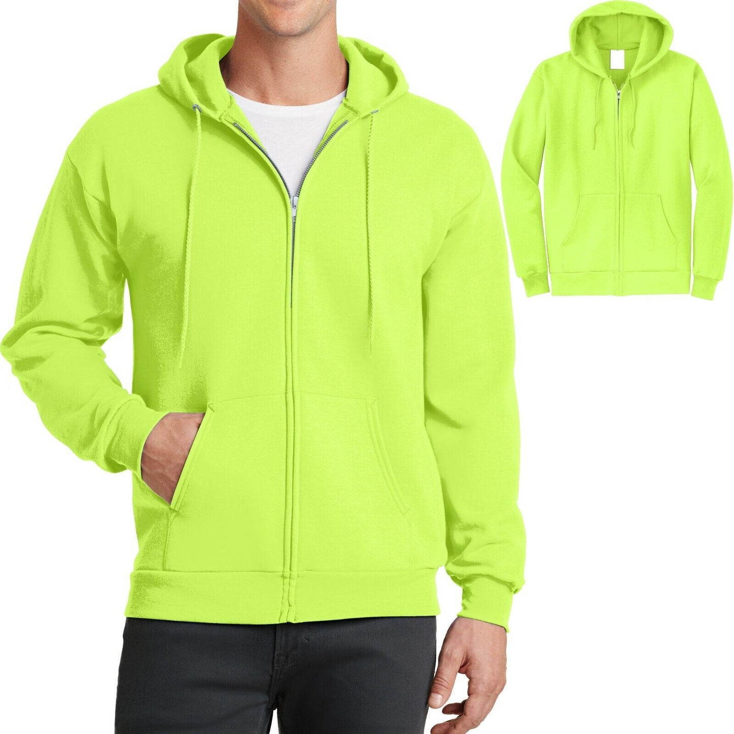 Mens Full Zip Hooded Sweatshirt NEON YELLOW Hoodie Hoody Sizes S-4XL Cotton/Poly