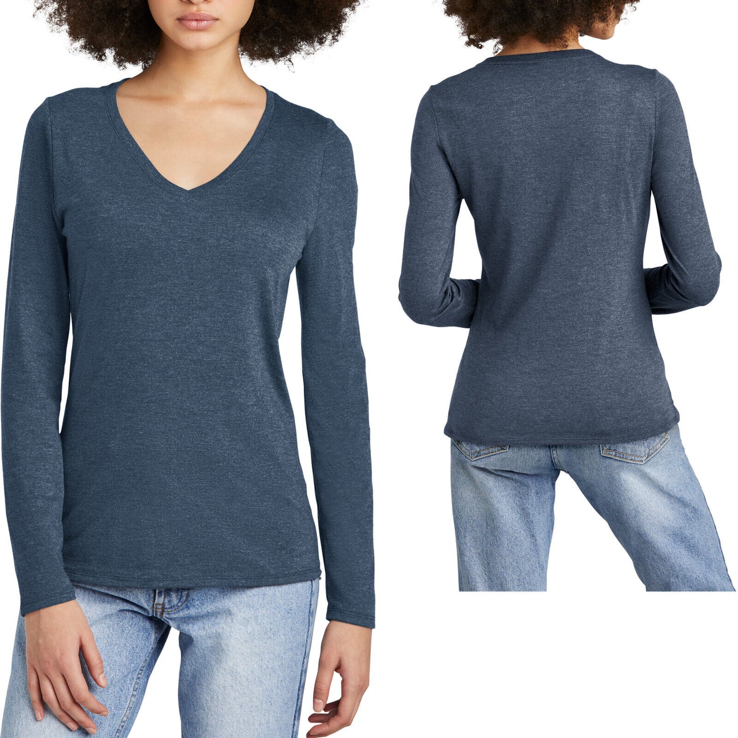 Womens Tri Blend Long Sleeve Layering V-Neck Tee Soft Blended T-Shirt XS-4XL NEW