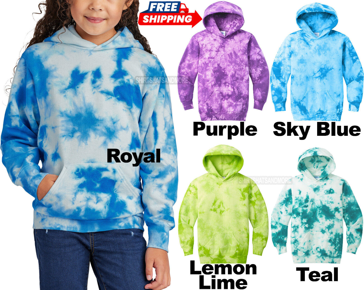 Youth Crystal Tie Dye Hooded Sweatshirt Kids Boys Girls Hoodie Child Hoody XS-XL