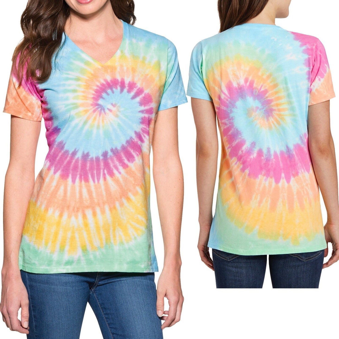 Ladies Plus Size Tie Dye T-Shirt V-NECK Cotton Tye Die Womens XL, 2XL, 3XL, 4XL