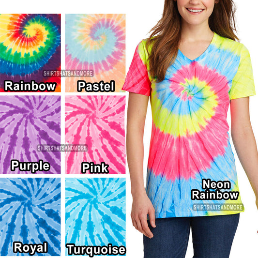 Ladies Tie Dye V-NECK Cotton T-Shirt Tye Die Womens XS, S, M, L, XL, 2XL 3XL 4XL