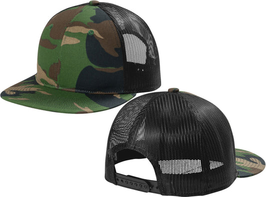 Woodland Camo Flat Bill Trucker Cap Camoflauge Snapback Mesh Back Structured Hat