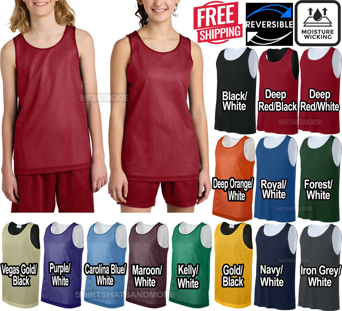 Youth Mesh Reversible Tank Top Boys Kids Child Basketball Sleeveless Tee XS-XL