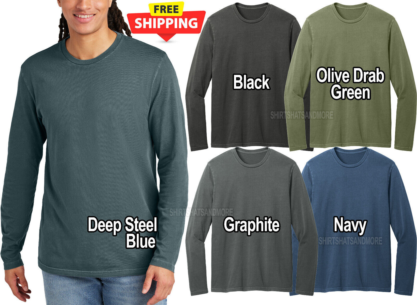 Mens Garment Washed Super Soft Long Sleeve Tee Ring Spun Cotton T-Shirt XS-4XL