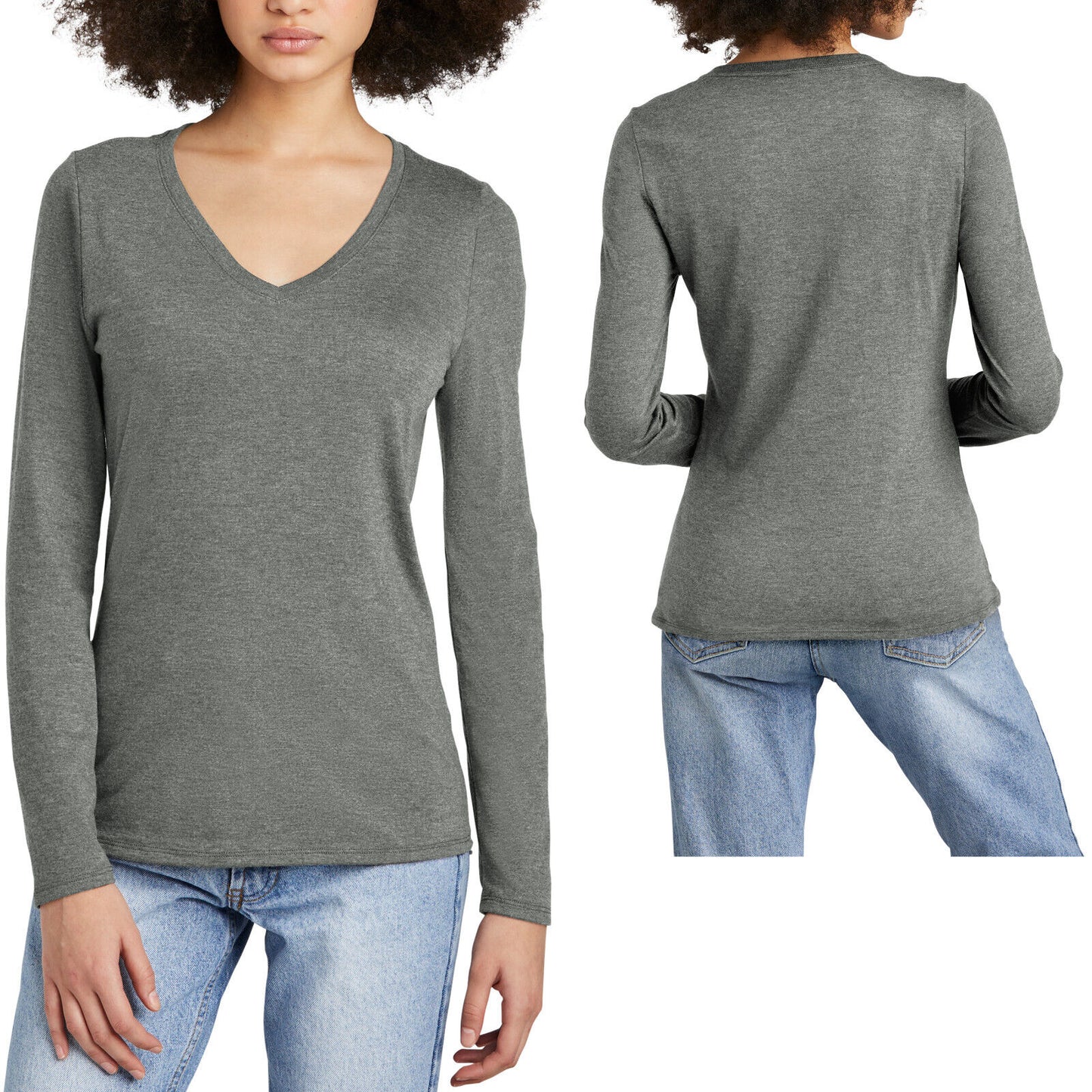 Womens Tri Blend Long Sleeve Layering V-Neck Tee Soft Blended T-Shirt XS-4XL NEW