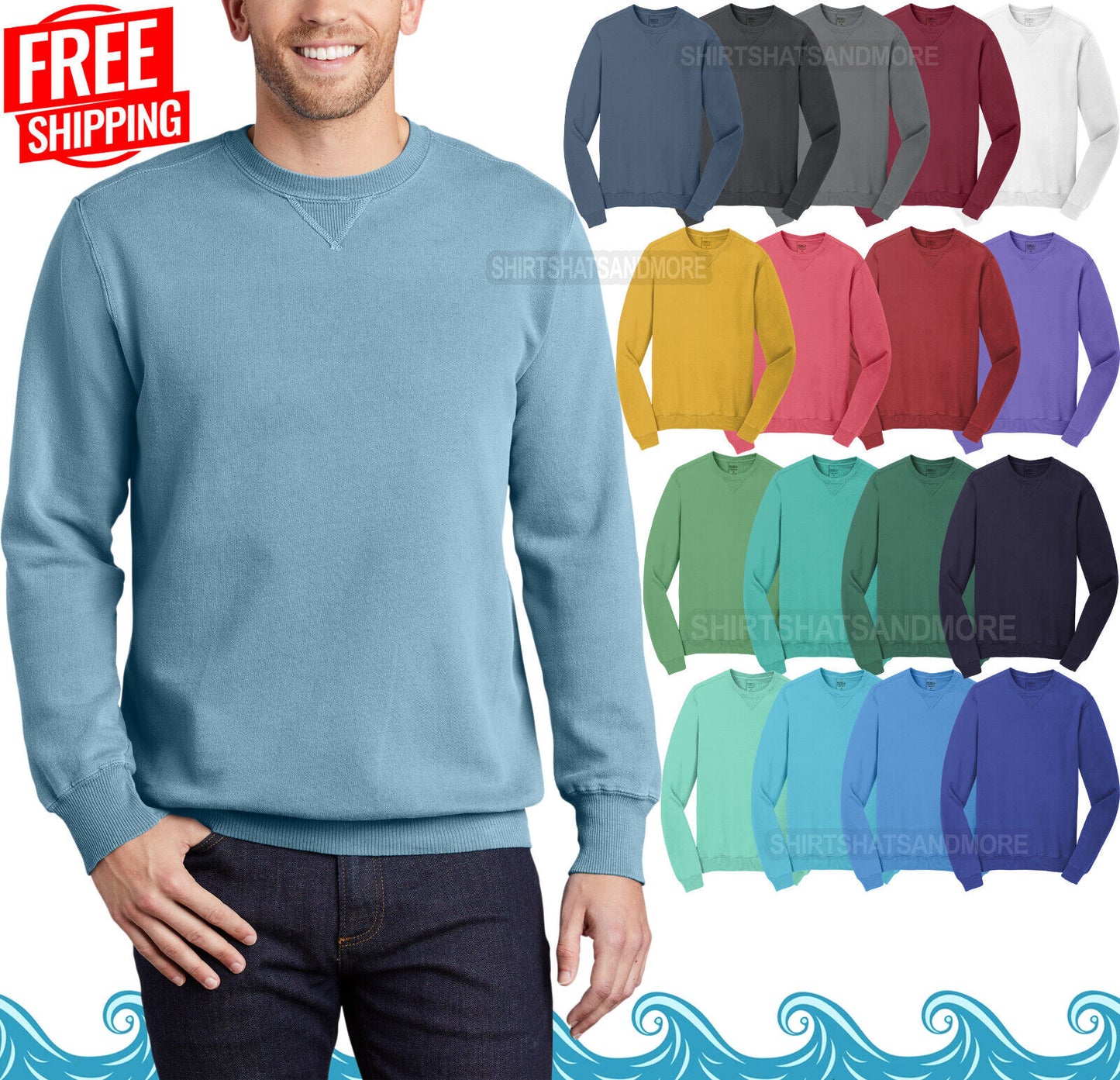 Mens Garment-Dyed Beach Wash Crewneck Sweatshirt Soft Comfortable Pullover S-4XL