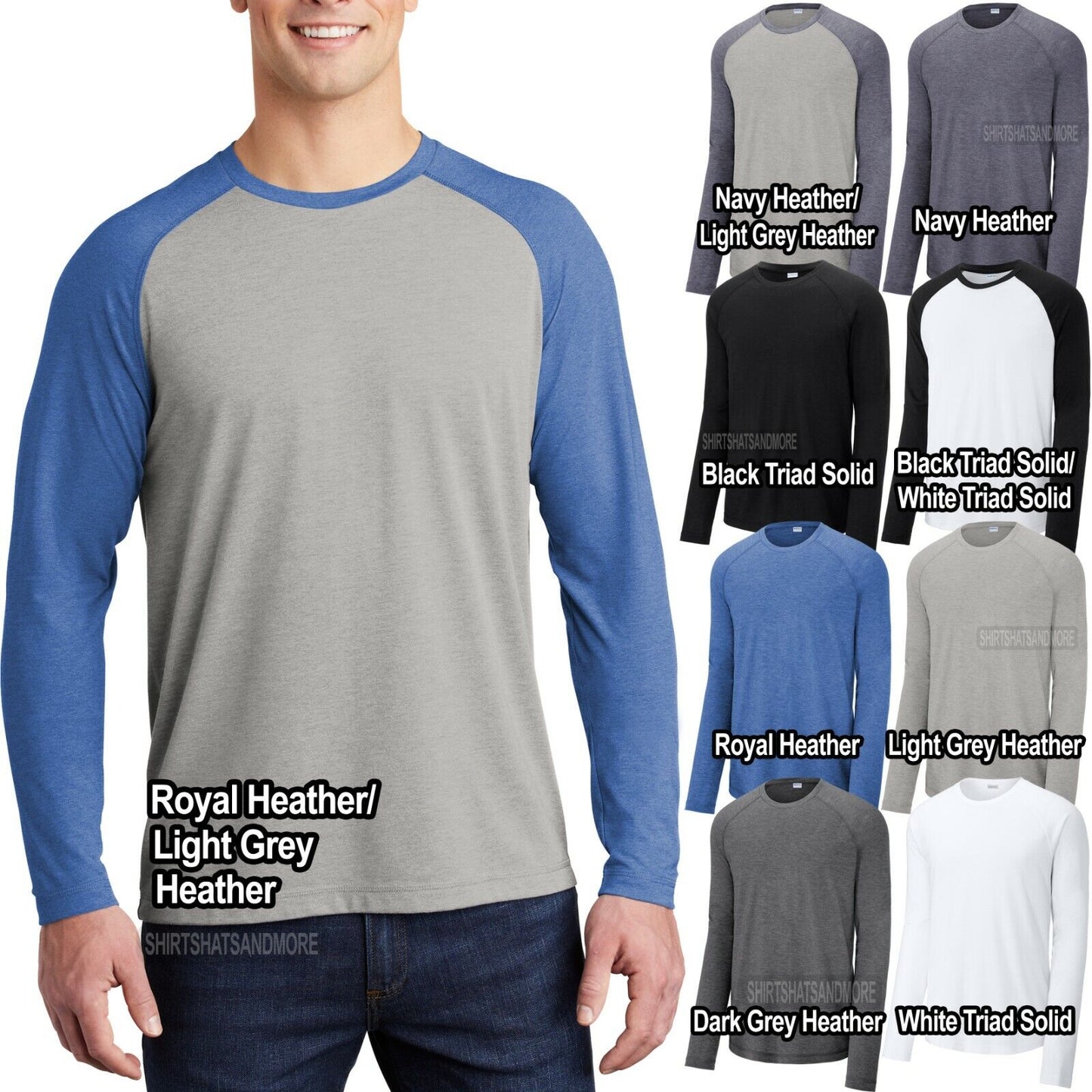 Mens Long Sleeve Tri Blend T-Shirt Moisture Wicking Tee XS-XL 2XL, 3XL, 4XL NEW