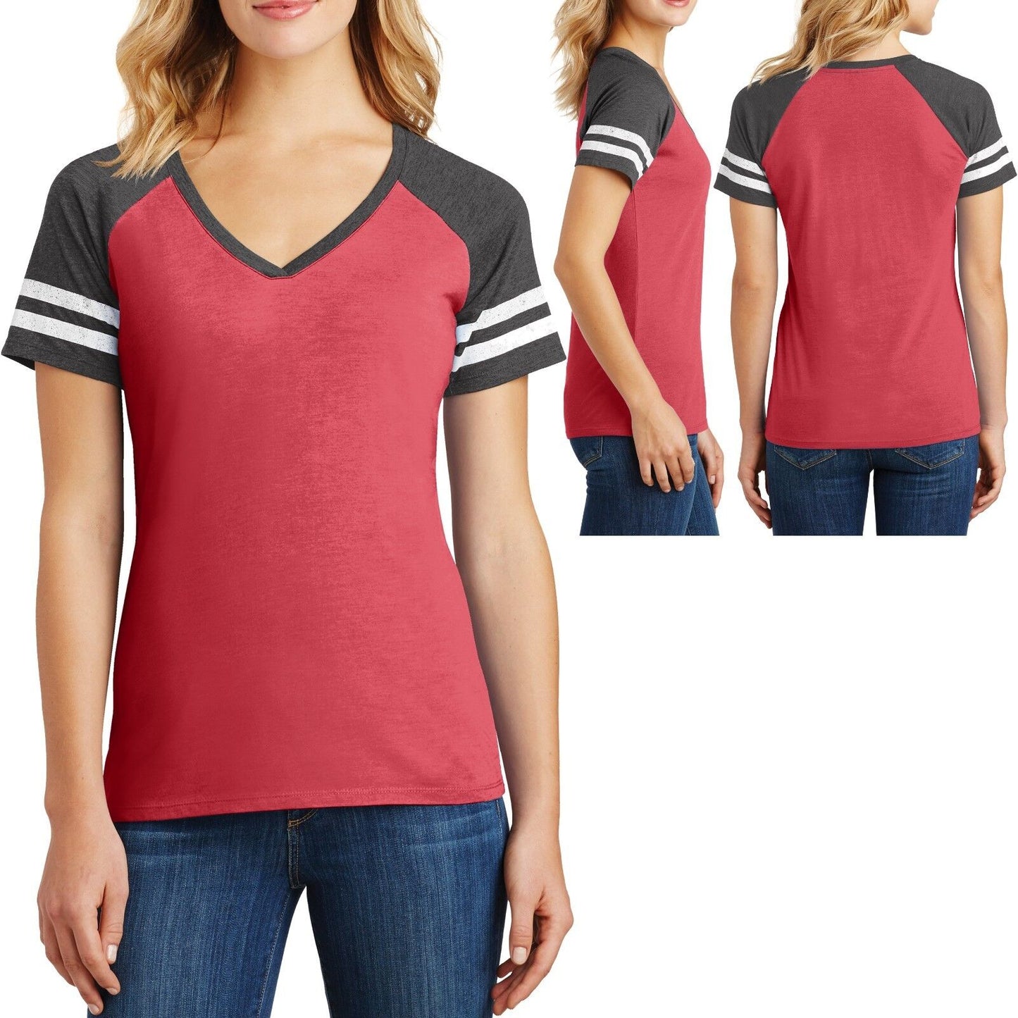 Ladies V-Neck Sleeve Stripe T-Shirt Game Day Womens Tee XS-XL, 2XL, 3XL, 4XL NEW