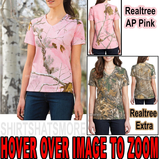 Russell Ladies Camo V-Neck T-Shirt Cotton Womens Tee XS, S, M, L, XL, 2X,3X NEW