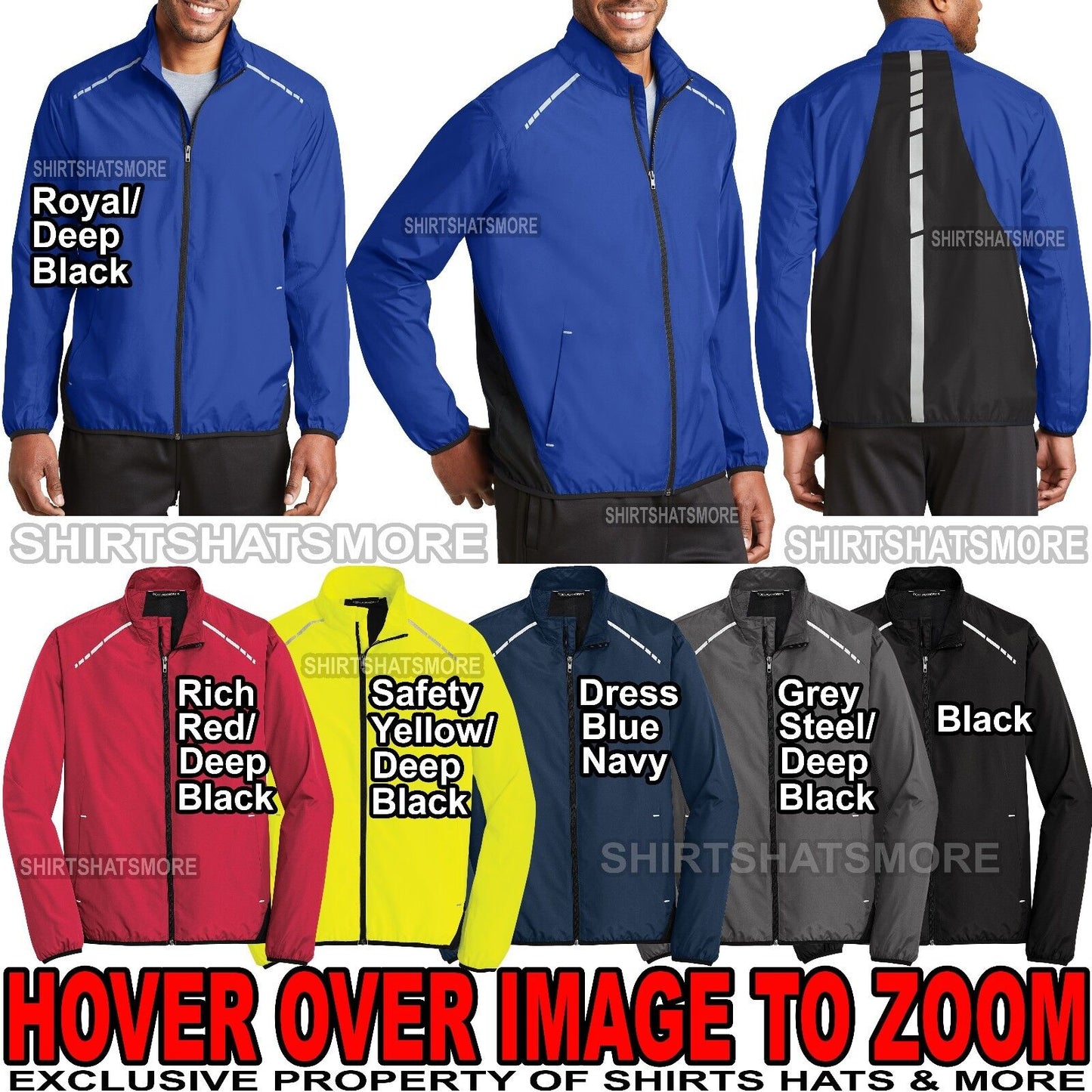 Mens Jacket Windbreaker Full Zip Reflective Water Resistant XS-XL, 2XL, 3XL, 4XL