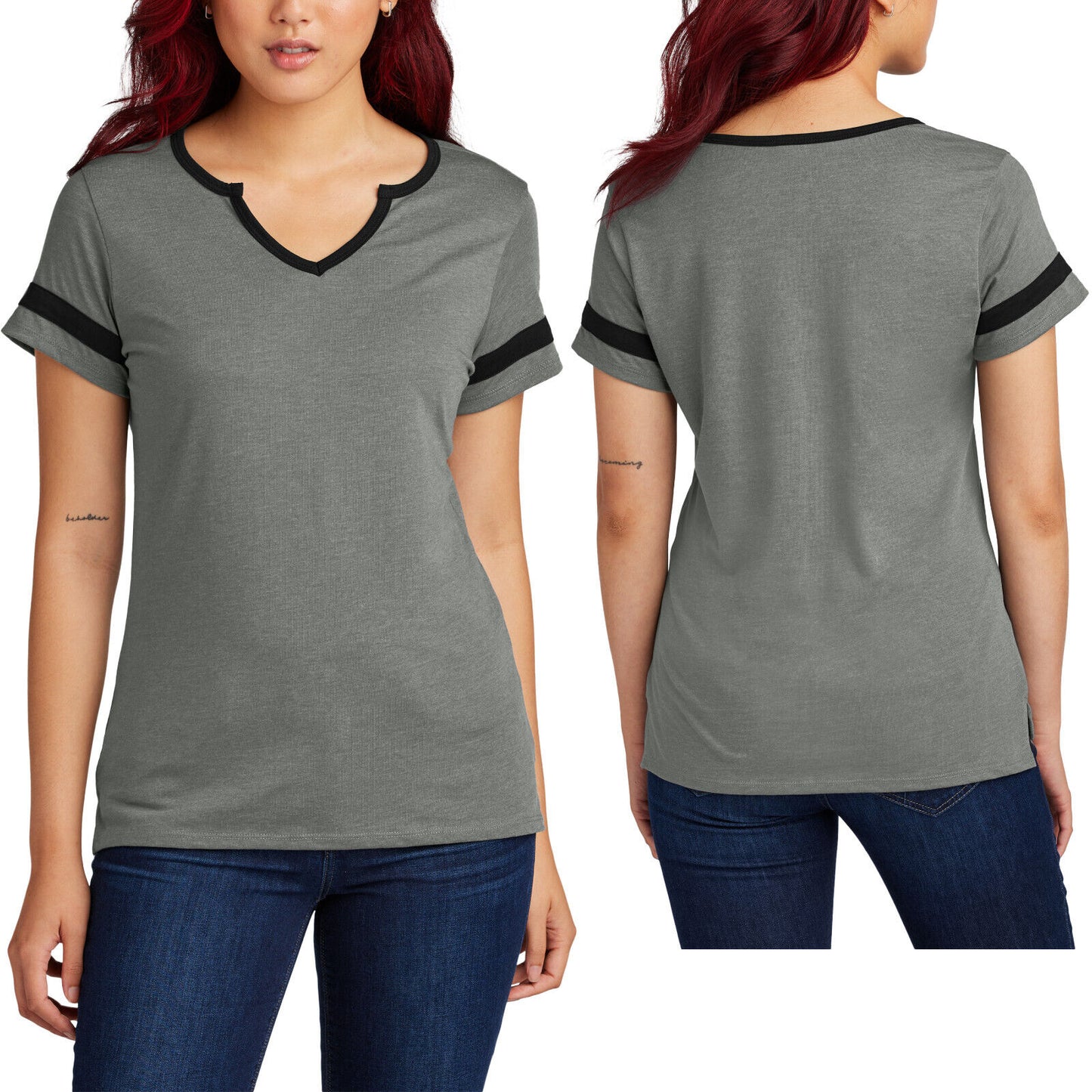 Womens Team Notch Neck Colorblock Sleeve T-Shirt Ladies Soft Blend Tee XS-4XL