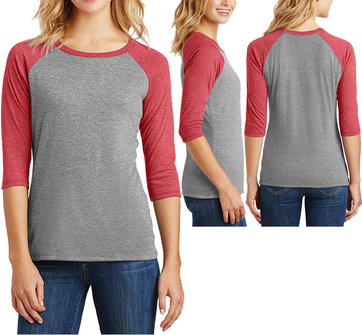 Ladies 3/4 Sleeve Tri Blend T-Shirt Raglan Tee Womens XS-XL 2XL, 3XL, 4XL NEW