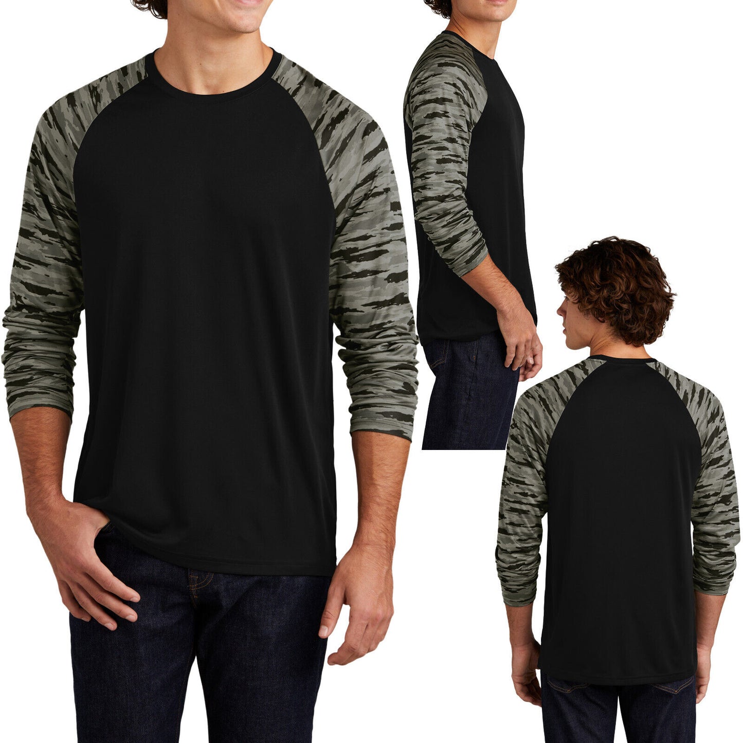 Mens Long Sleeve Color Block Camo Print Tee UPF30 Moisture Wicking T-Shirt XS-4X