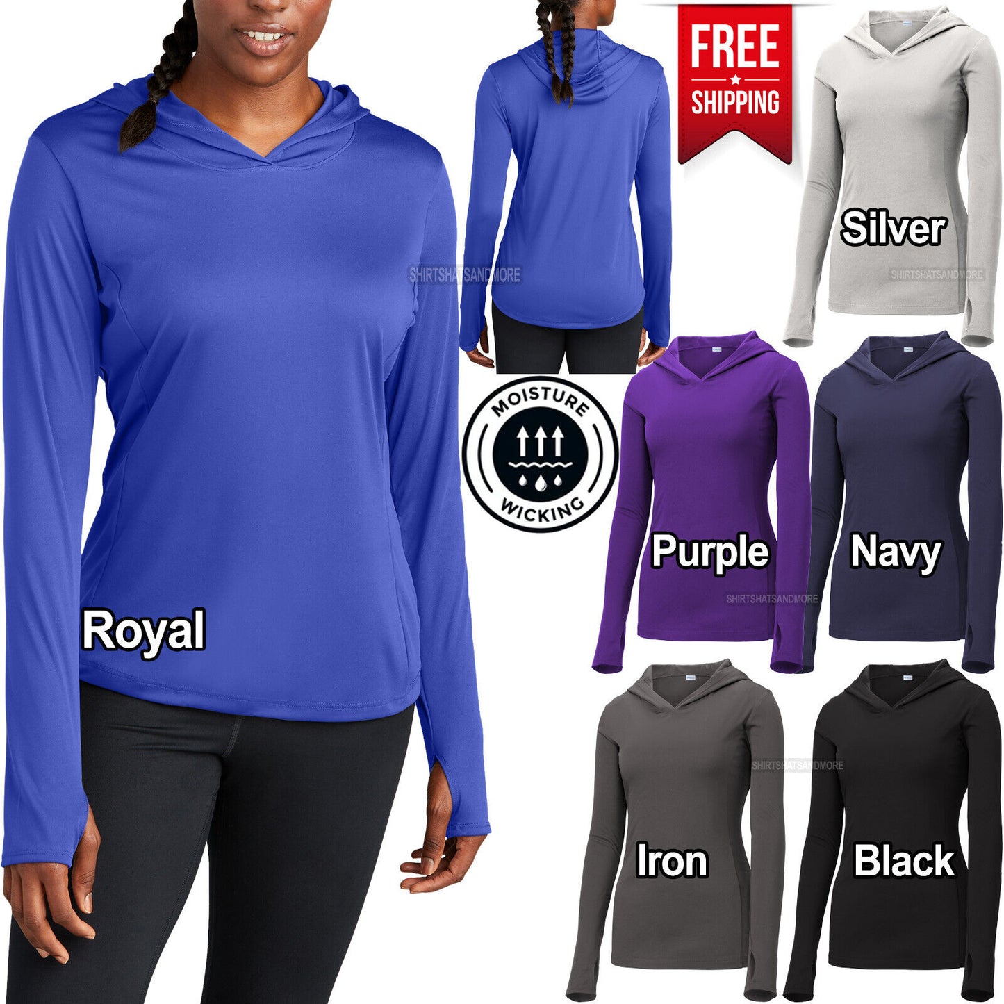 Ladies Lightweight Hoodie Moisture Wicking Long Sleeve T-Shirt Gym Workout XS-4X