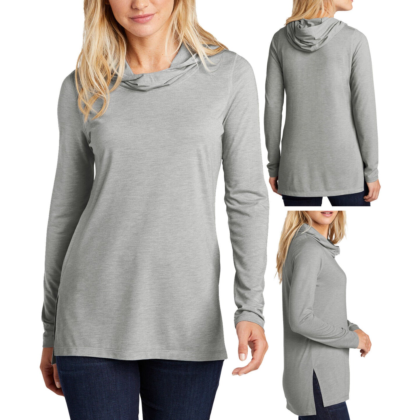 Womens Long Sleeve Tri Blend Hoodie T-Shirt Ladies Moisture Wicking Tee XS-4XL