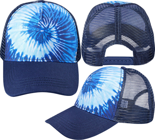 Mens Tie Dye Cap Mesh Back Structured Trucker Hat Tye Die Blue Ocean & Rainbow