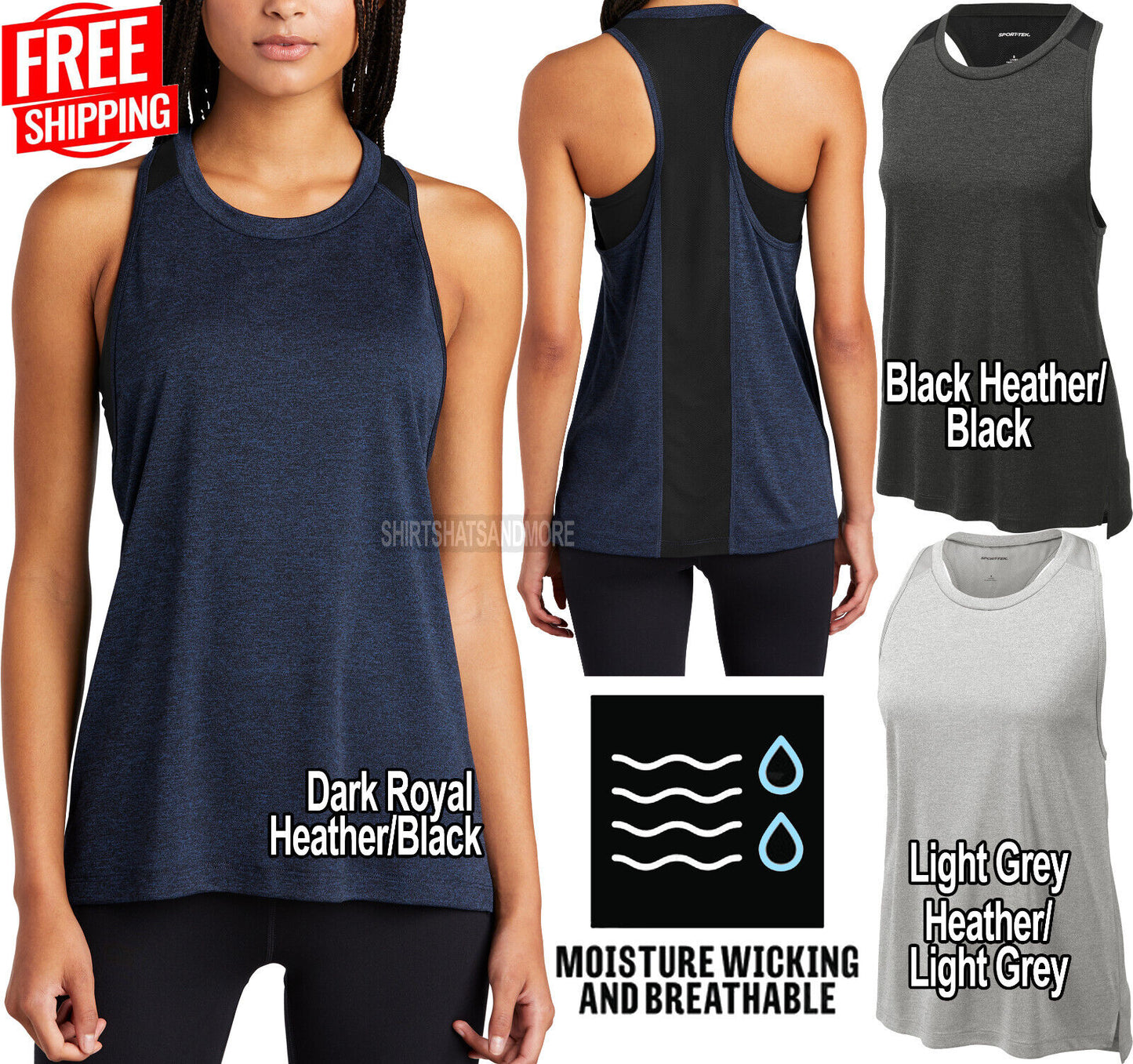 Womens Heathered Contrast Moisture Wicking Racer Mesh Back Tank Top Ladies XS-4X