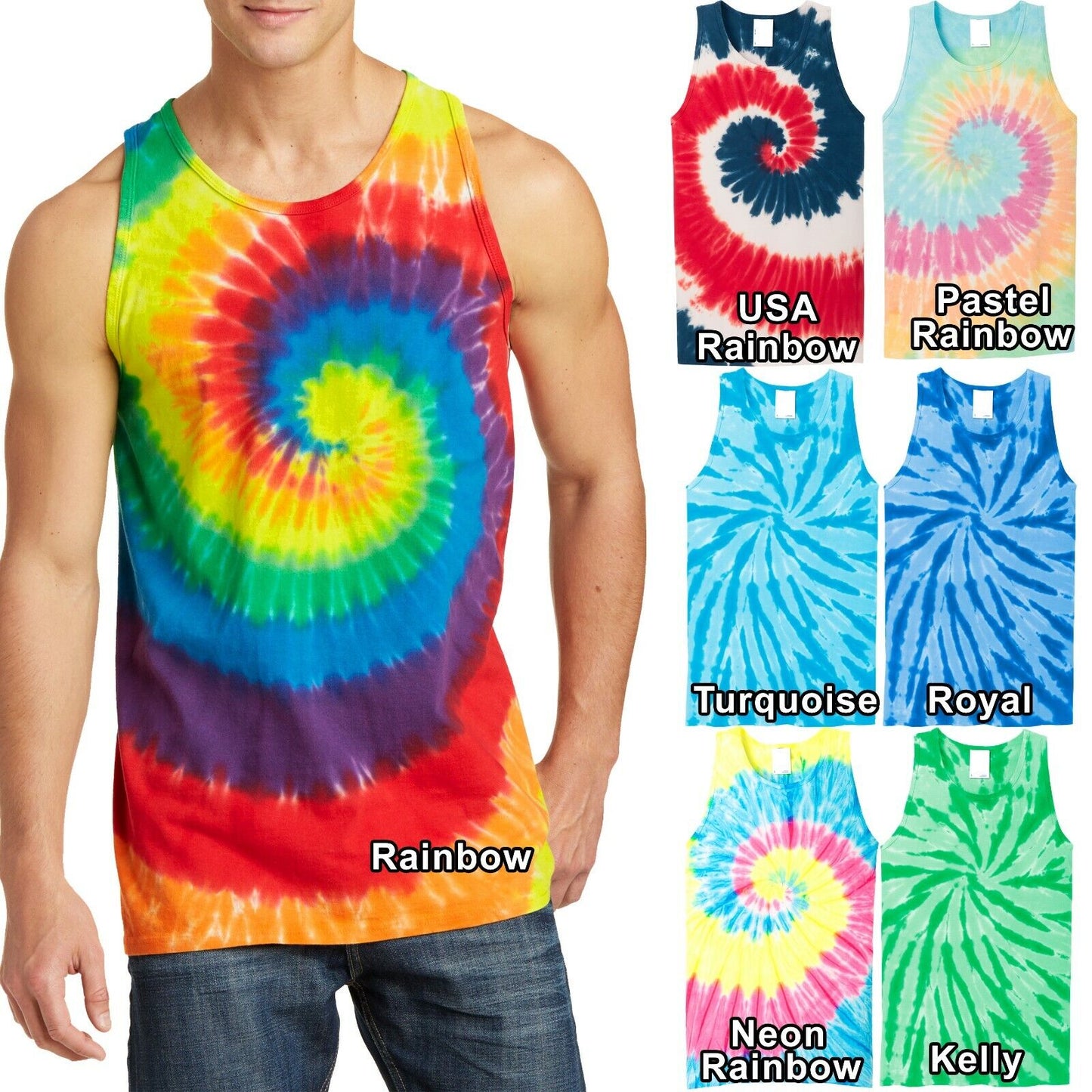 Mens Tie Dye TANK TOP Spiral Tye Die Sleeveless T-Shirt S-XL 2X, 3X, 4X NEW