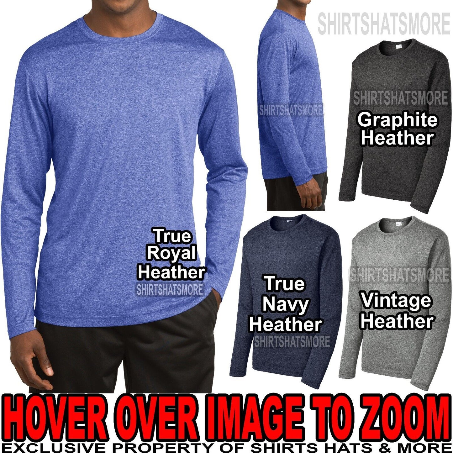 Mens Heathered LONG SLEEVE T-Shirt Dri Fit Moisture Wicking XS-XL 2X, 3X, 4X NEW