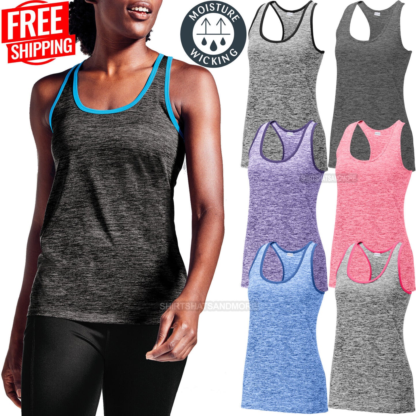 Womens Electric Heather Moisture Wicking Racerback Tank Top Ladies XS-4XL NEW!