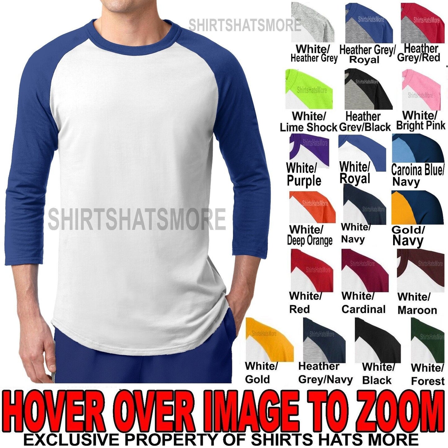 Mens 3/4 Sleeve Colorblock Raglan Baseball Jersey T-Shirt XS-XL 2X 3X 4X 5X 6X