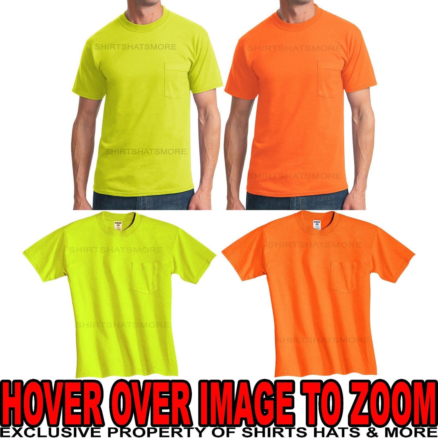 MENS Safety T-Shirt w/ Pocket High Visibility Safety Green Orange S-2X, 3X NEW