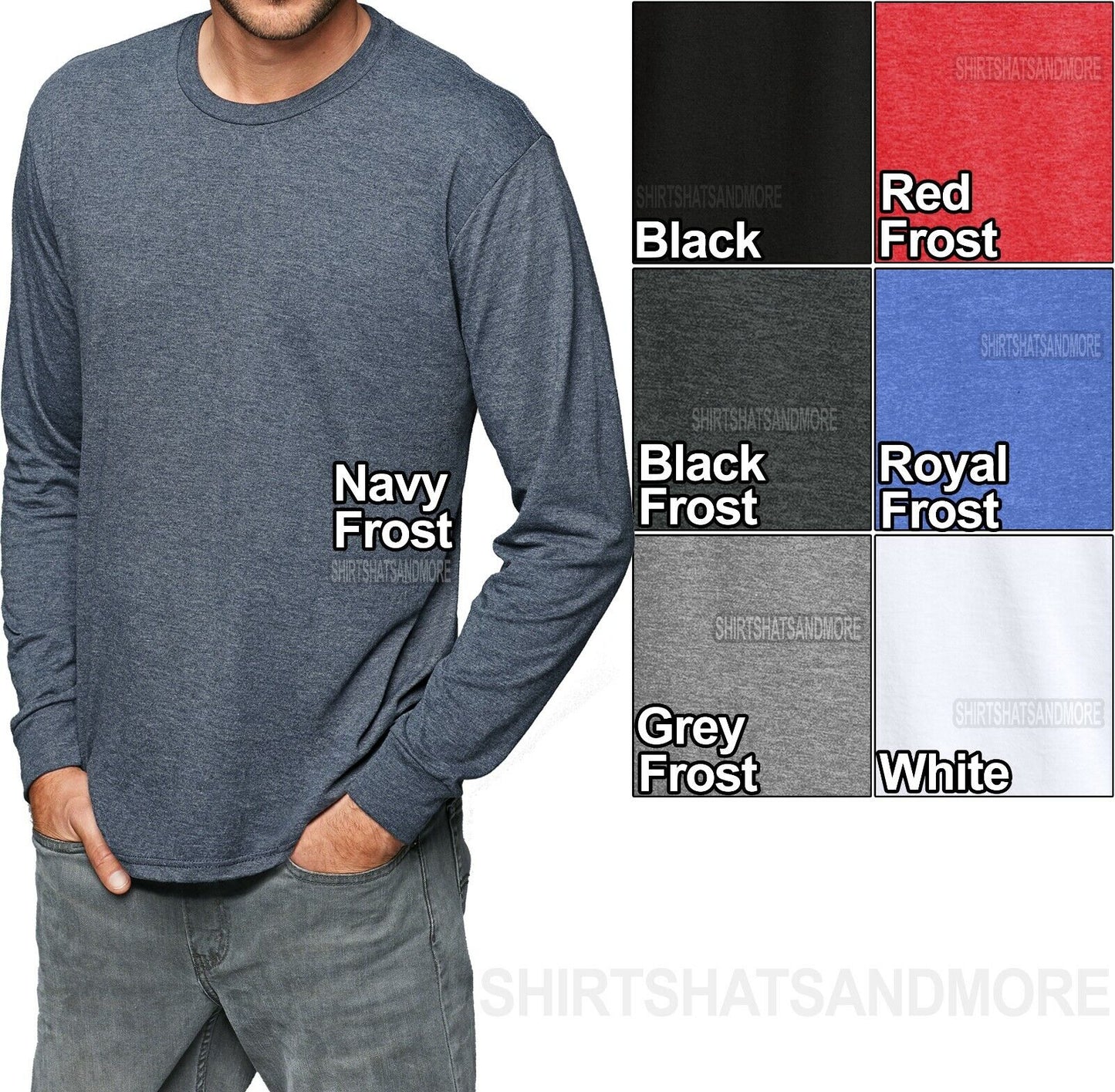 Mens Long Sleeve Tri Blend T-Shirt Premium Crew Neck Tee S, M, L, XL 2XL 3XL 4XL