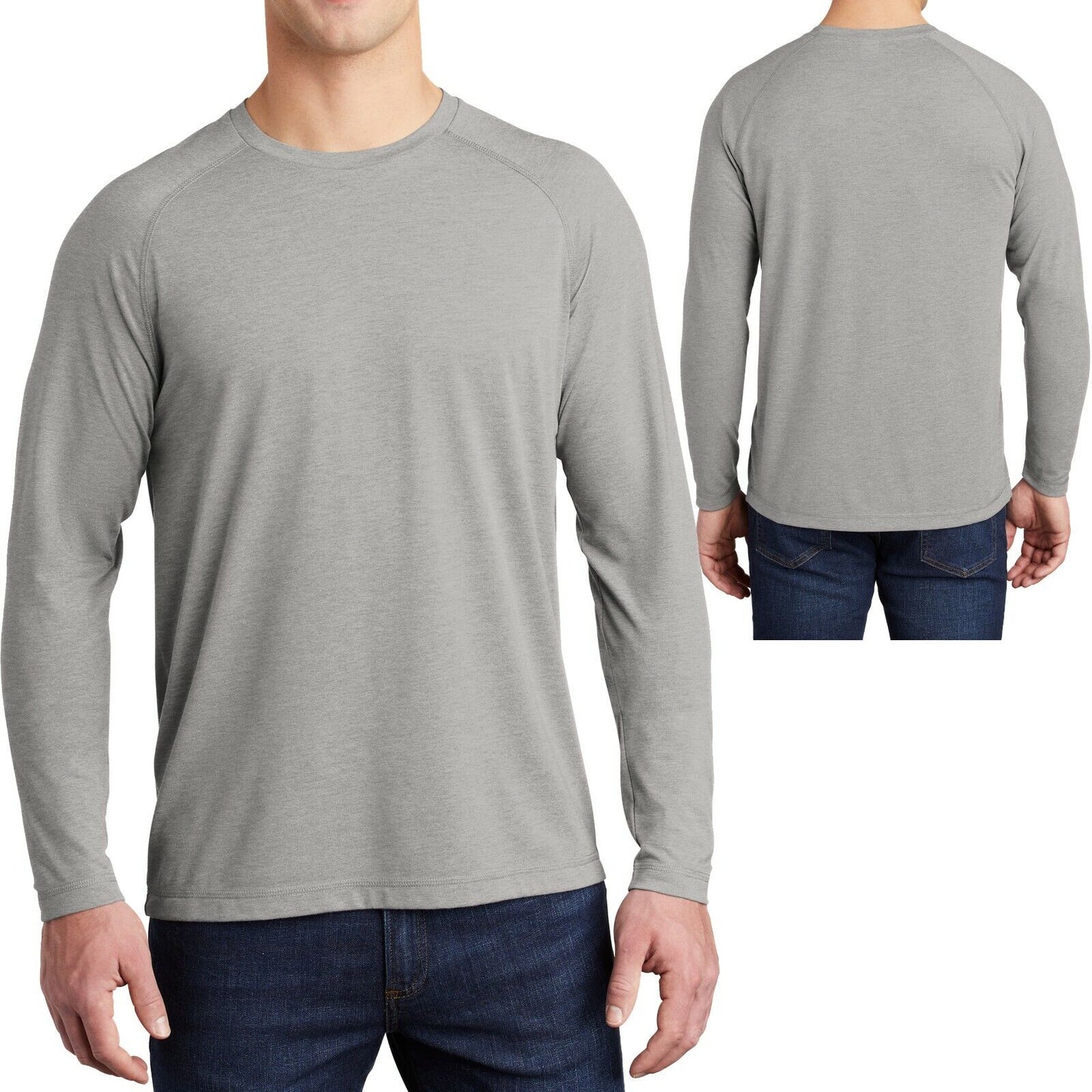 Mens Long Sleeve Tri Blend T-Shirt Moisture Wicking Tee XS-XL 2XL, 3XL, 4XL NEW