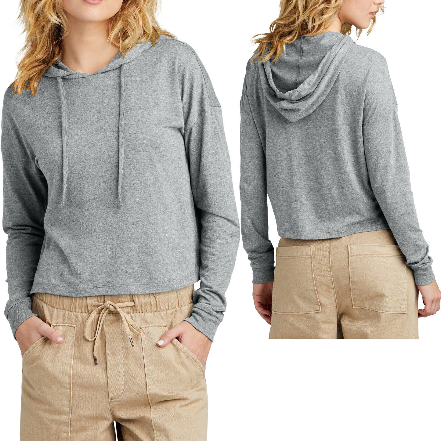 Womens Triblend Midi Hooded T-Shirt Long Sleeve Modest Cropped Hoodie Tee XS-4XL