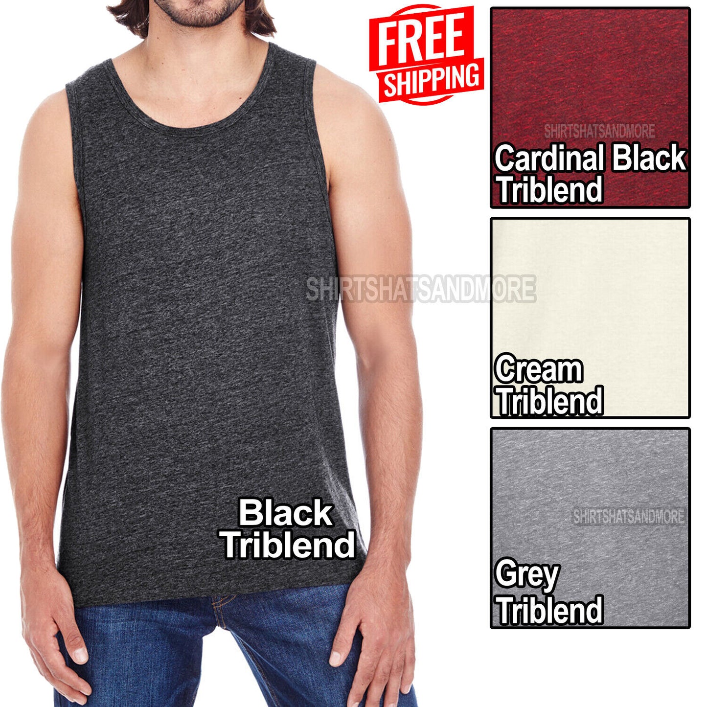 Mens Frosted Vintage Triblend Blended Tank Top Sleeveless Workout Casual XS-3XL