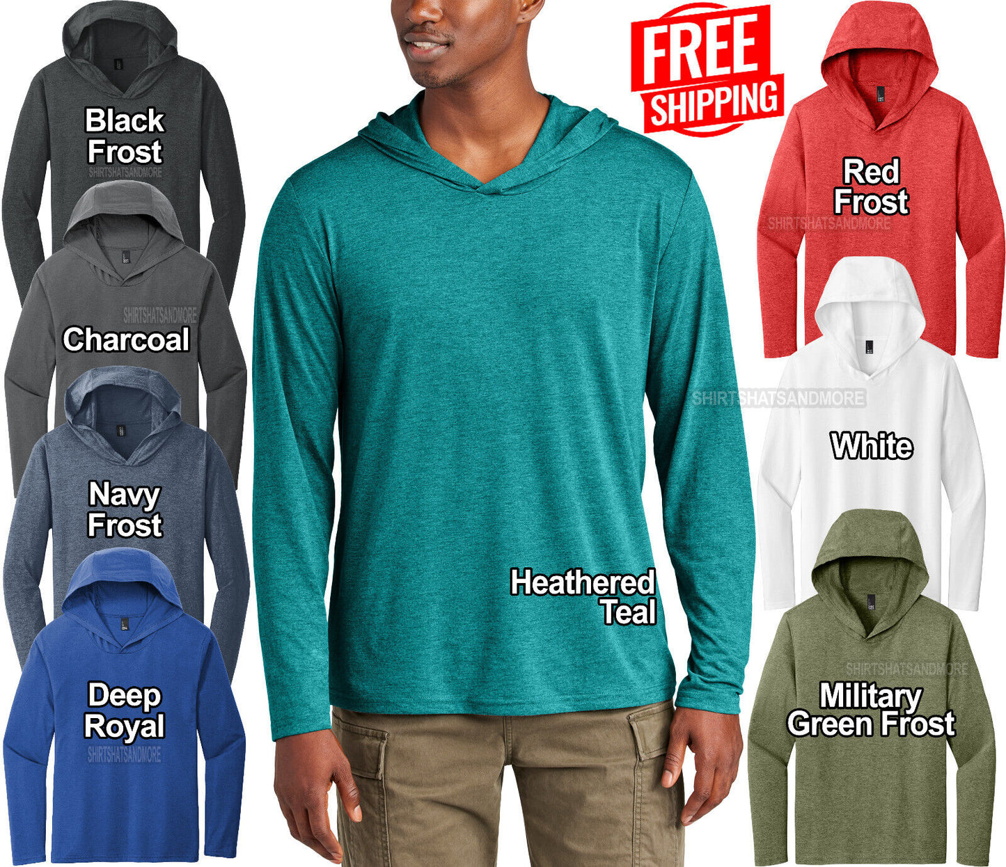 Mens Lightweight Hoodie T-Shirt Long Sleeve Hoody Soft Blended Hooded Tee S- 4XL