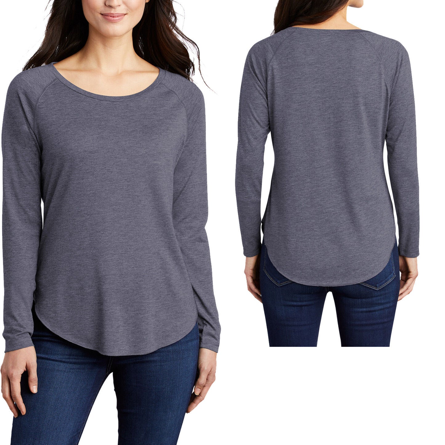 Ladies Tri Blend Scoop Neck Wicking T-Shirt Long Sleeve Womens Raglan Tee XS-4XL