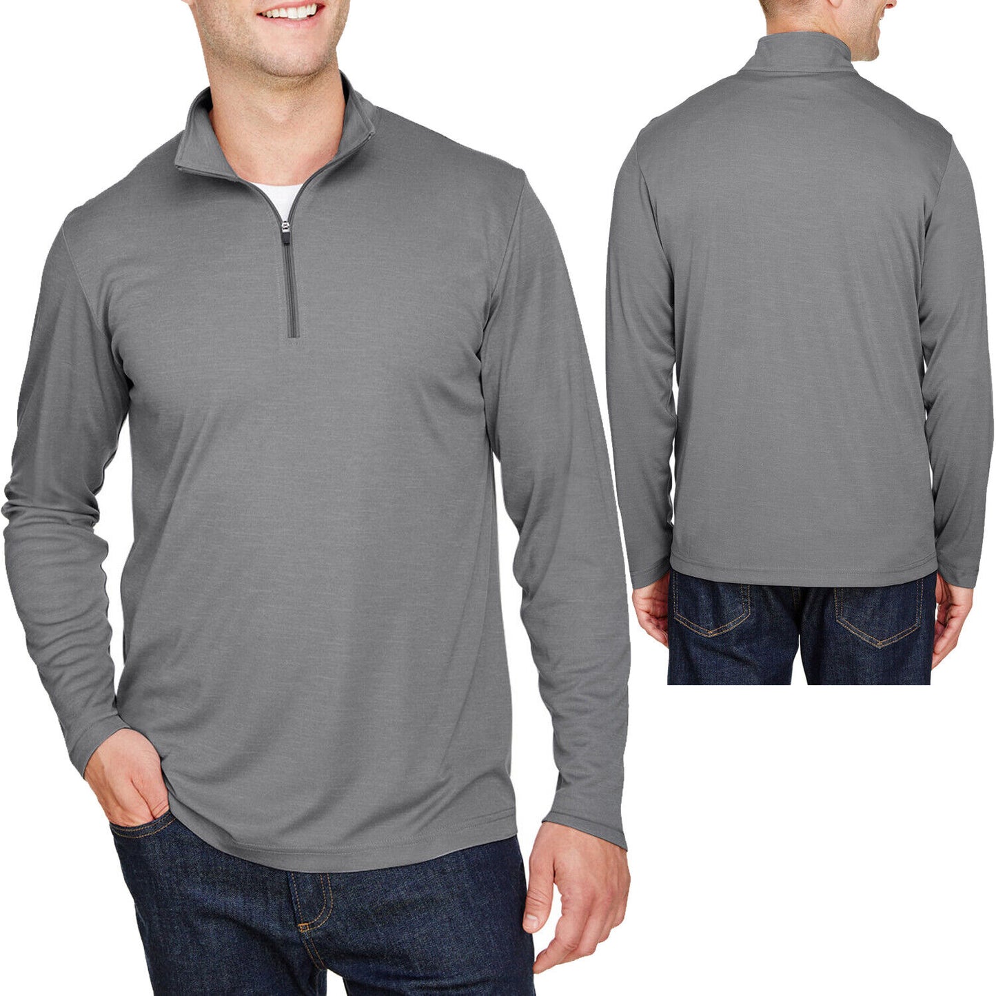 Mens Heather Long Sleeve QuarterZip Moisture Wicking UV Sun Protect Pullover Top