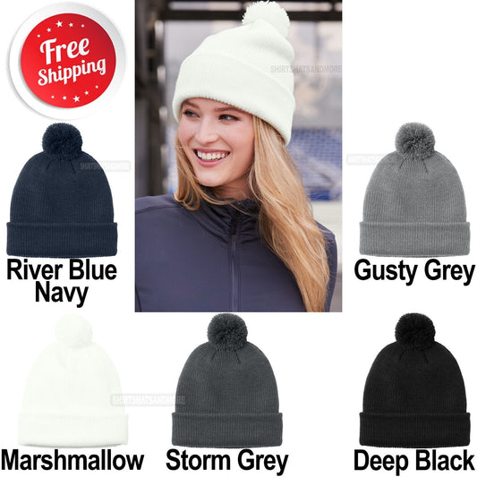 Ladies Cozy Pom Beanie Adjustable Cuff Womens Winter Snow Warm Hat Headwear NEW!