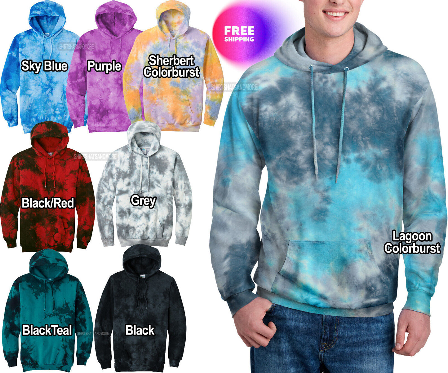 Mens Crystalized Tie Dye Hoodie Hooded Pullover Hoody S-4X Warm Soft Tie Die NEW