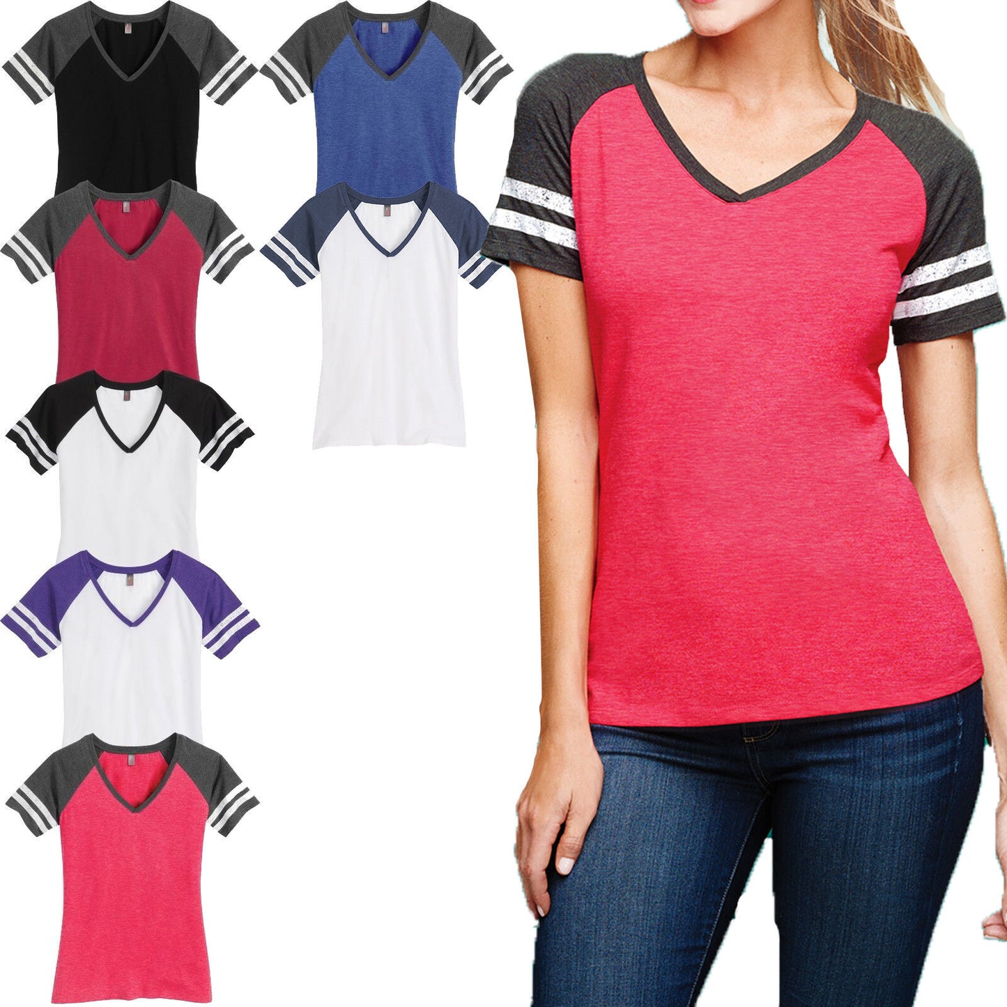 Ladies V-Neck Sleeve Stripe T-Shirt Game Day Womens Tee XS-XL, 2XL, 3XL, 4XL NEW