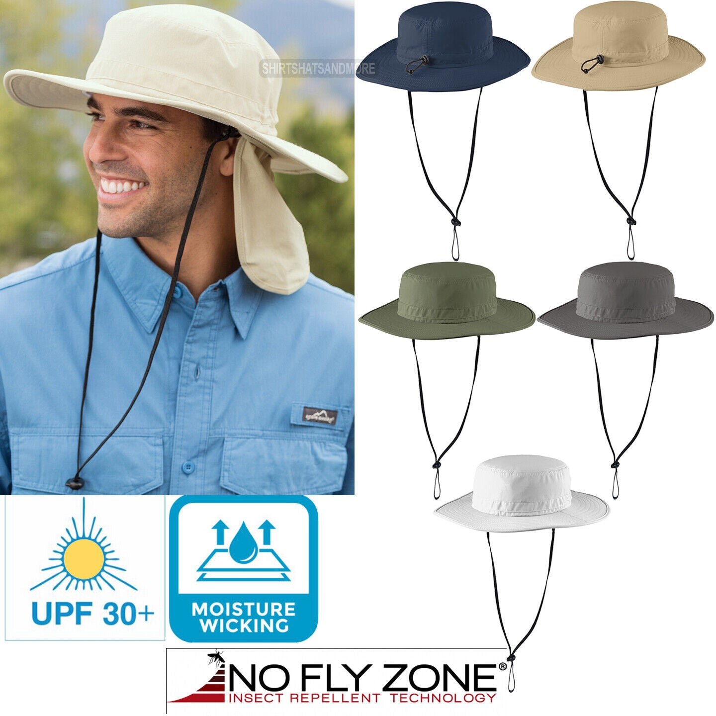 UPF 30+ Wide Brim Outdoor Hat Moisture Wicking Headwear Repels Insects S/M, L/XL